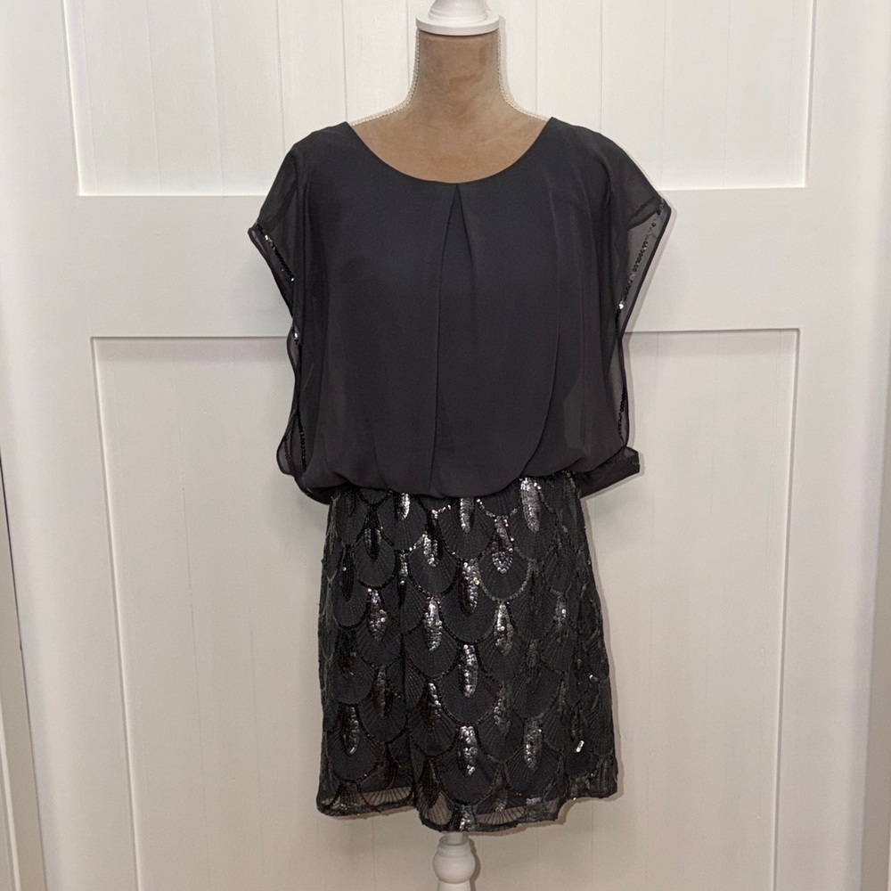 SLNY Women’s Gray Sequin Overlay Cocktail Dress Size 6